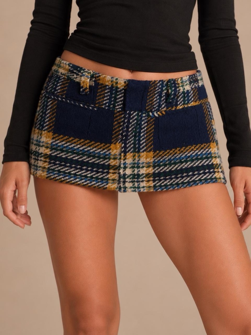Plaid Mini Skirt with Patch Pockets - Navy & Mustard